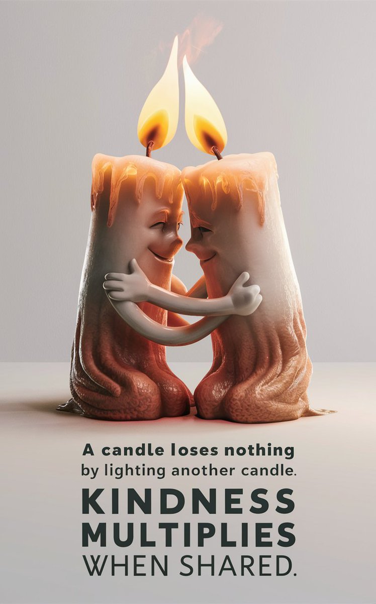 A candle loses nothing by lighting another candle. Prompt: A 3d render of two anthropomorphic lit candles, leaning towards each other. They are about to embrace. Their flames are touching. At the bottom of the image there is bold text on a sign that says 'a candle loses nothing…