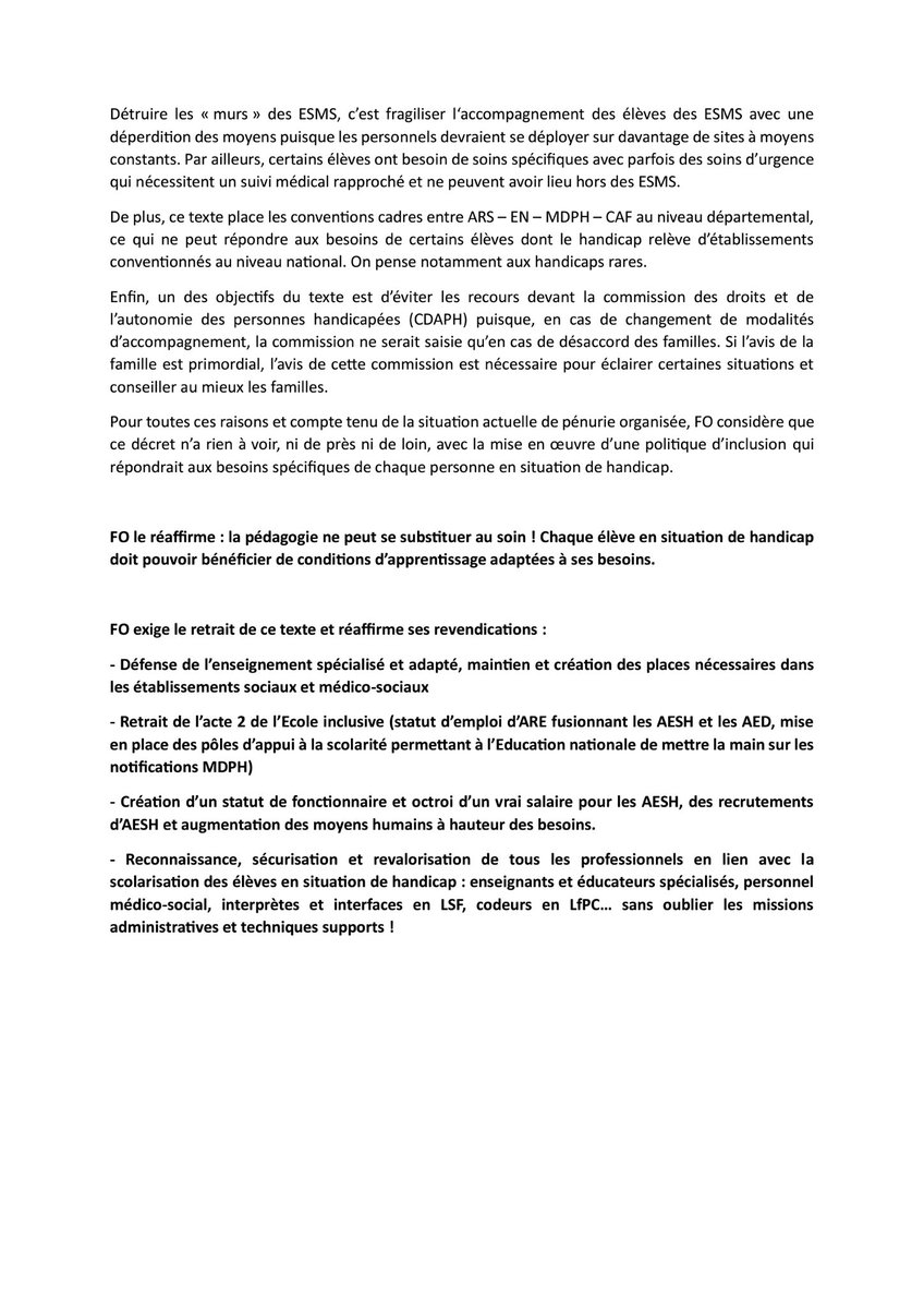 FAGEFO's tweet photo. Communiqué de la @FnecFpFO, @FAGEFO, #FNASFO et #FSPSFO. 

👉 POUR la défense de l’enseignement spécialisé et adapté
👉 POUR le maintien et la création des places nécessaires dans les #ESMS

👎 CONTRE le décret qui généralise l’externalisation des ESMS

https://t.co/Isv9zWKaUW https://t.co/CaFDlzV7mY