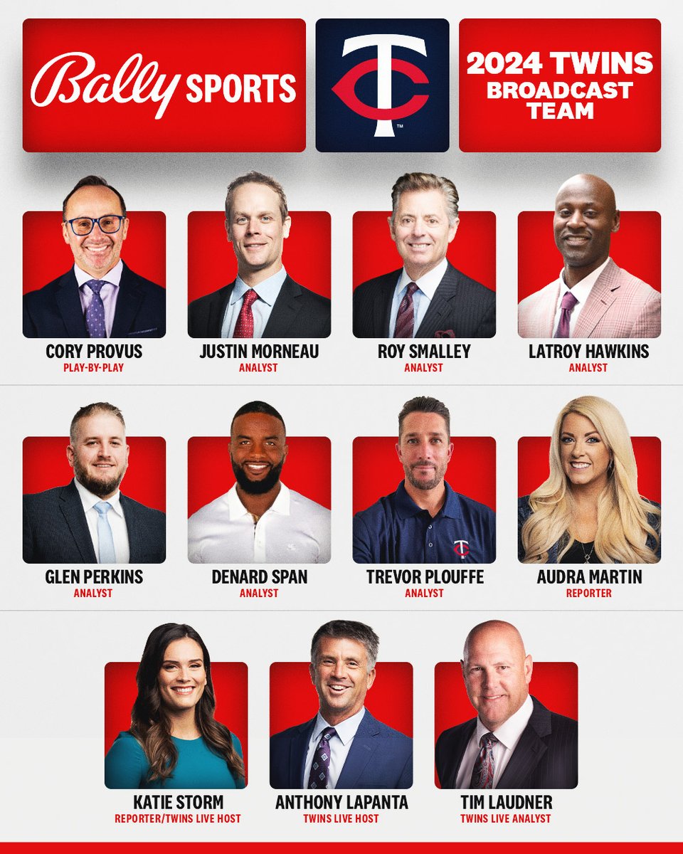 Your 2024 @Twins broadcast team! 🎙️⚾️ After 12 seasons handling PxP duties on Twins radio, @CoryProvus steps into TV booth full-time for 2024 + the addition of former Twins CF @thisisdspan! #OpeningDay coverage begins Thursday with Twins Live at 2:30pm on Bally Sports!