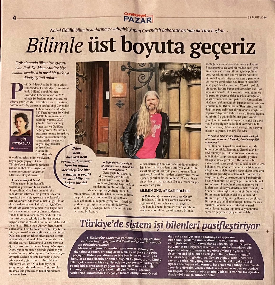 .<a href="/CumhuriyetPazar/">Cumhuriyet Pazar</a>’da yayınlanan bu söyleşi için <a href="/elcinpoyrazlar/">Elcin Poyrazlar</a>’a ve editörlere teşekkür ederim. Bilimin önü arkası politiktir, bilim insanı politiktir. Dilim döndüğünce bir şeyler söyledim, ilgilenenlere keyifli okumalar 
(Sayfayı <a href="/meowthedrums/">Leyan Senay</a> ile paylaşmak da güzel oldu🤘☺️)