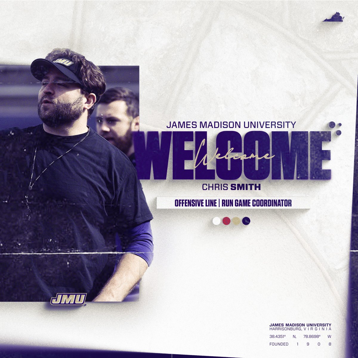 Welcome Home, Coach Smith! Bob Chesney announced the hire of Chris Smith as JMU's new offensive line coach and run game coordinator. 📰 bit.ly/4abjE3X #GoDukes | @Coach_Smith61