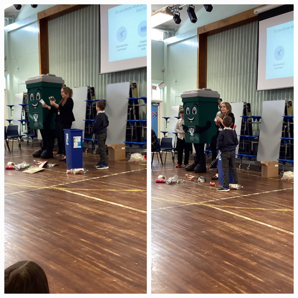 Thank you very much to Niamh & #Wheelie from the @PerthandKinross Waste Services Team for coming along to talk at our assembly on Friday. Everyone is now fully equipped to use their blue & grey bins correctly. #Wheelie was a big help. ♻️ 💚 #GBeco #reducereuserecycle #green