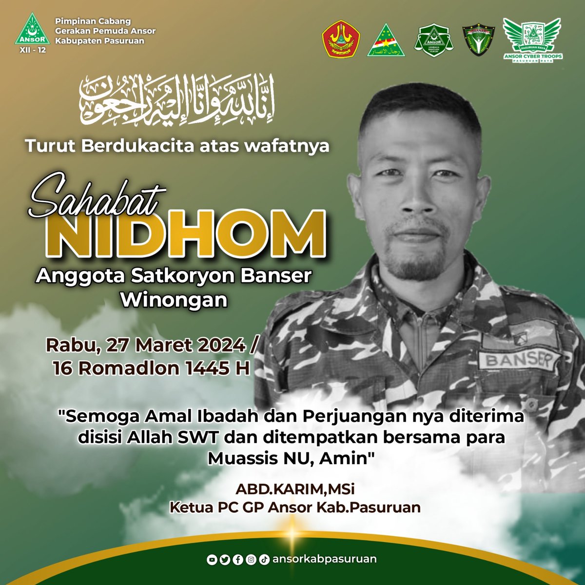 Selamat Jalan Sahabat Nidhom anggota Satkoryon Banser @Ansor_Winongan semoga amal dan perjuangannya diterima disisi Allah SWT. @pwansorjatim @amrudinnejad_ @sahabatgusirsyad @Official_Ansor