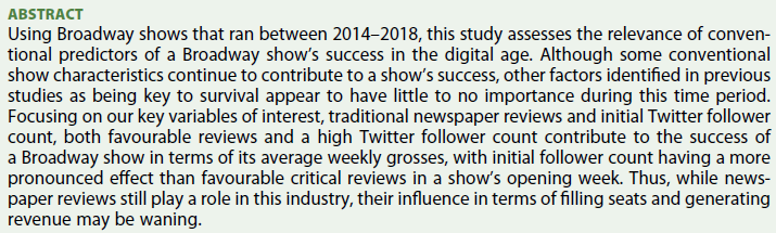 🎉First published paper alert! I'm so excited that my work with @butleru's Dr. Kathy Paulson Gjerde on the impact of social media on a #Broadway show's economic success has been published in Applied Economics Letters! A short 🧵on the paper!