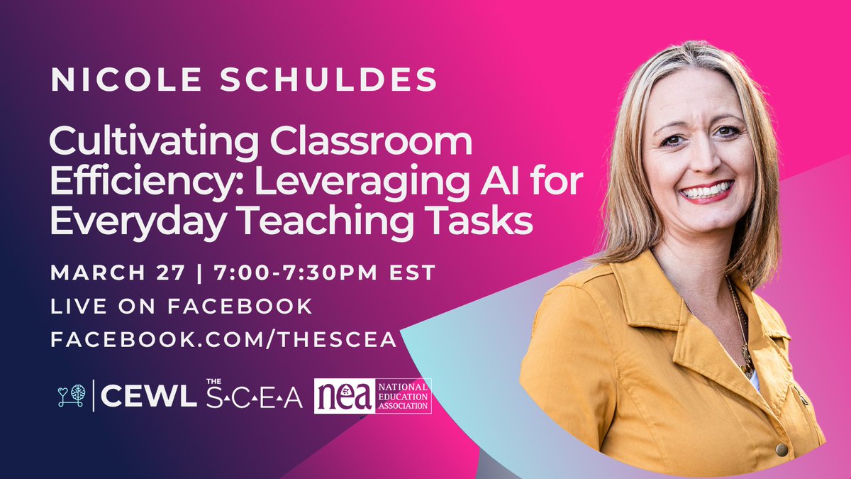 Join Nicole Schuldes for a conversation about using AI to make your life as a teacher a little easier! Tomorrow night at 7PM EST! #becewl #thesceastrong