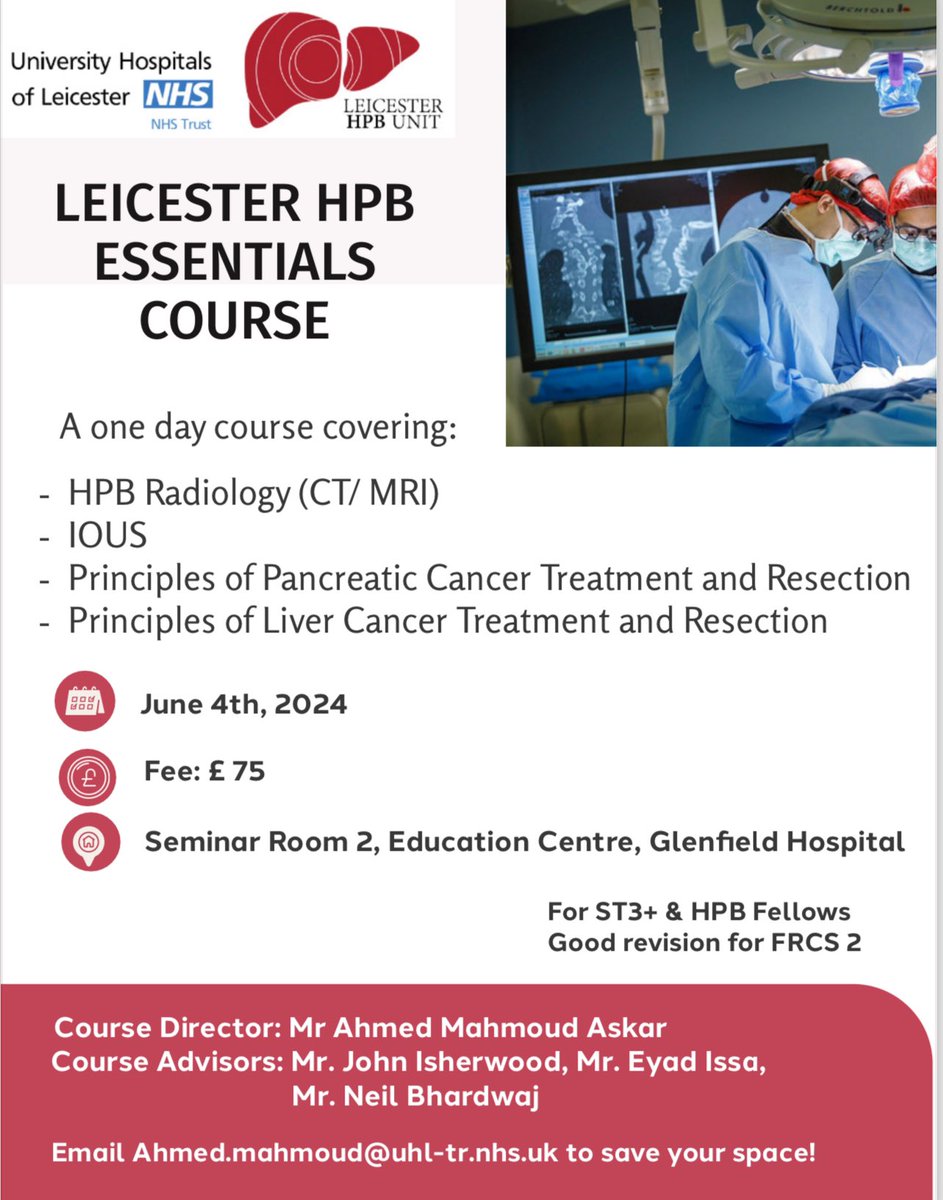 A new course from @HpbLeicester covering HPB radiology & surgery essentials for ST3+ & HPB fellows. £25 discount for Roux Group members @Augishealth