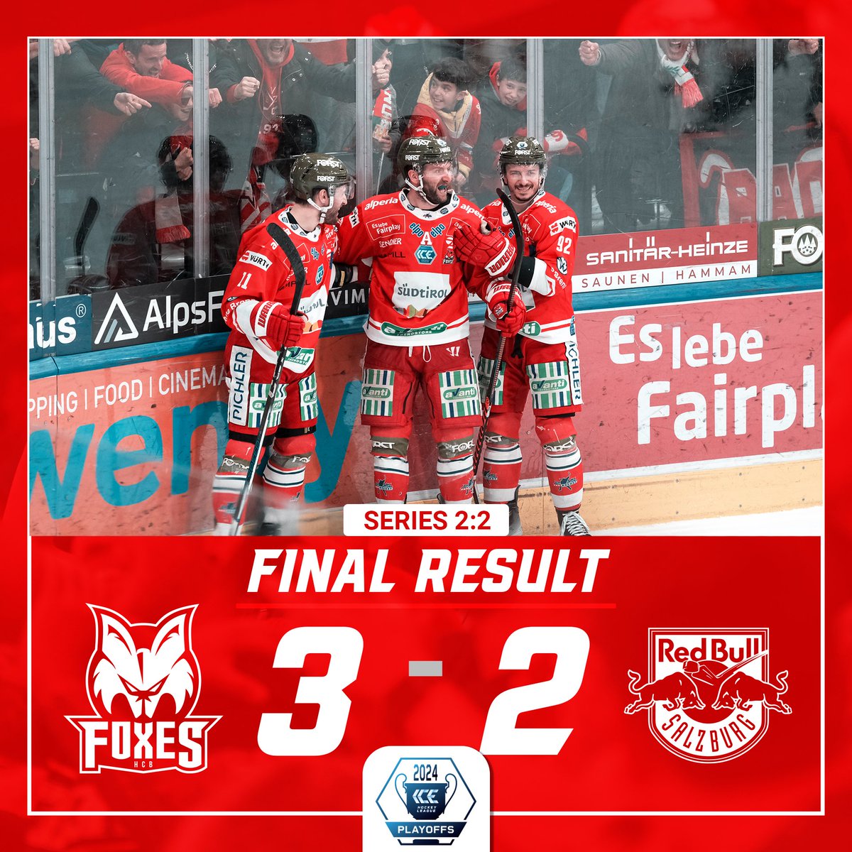 𝗦𝗘𝗥𝗜𝗘𝗦 𝗧𝗜𝗘𝗗 🤜🏻🤛🏻 HCB Südtirol Alperia 3 - 2 EC Red Bull Salzburg (Ford, Gazley PP1, Frigo PP1 / Huber M. PP1, Nissner) #gofoxes #cuorebiancorosso #noisiamobolzano #mirseinbozen