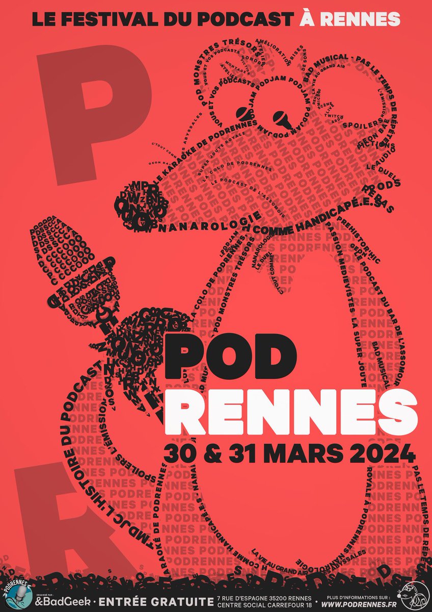 C’est bientôt <a href="/PodRennes/">PodRennes</a> 🥳 n’oubliez pas de vous inscrire si ça n’est pas déjà fait (le festival est gratuit mais c’est important pour l’organisation)
Hâte d’être à ce week-end ! 🥰

#podcast #podrennes #rennes