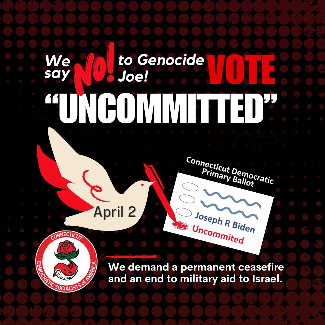 It's a big week for us in CT! Check your newsletter for our calendar if you haven't already, and join us for some of these exciting events that are coming up.

#1: phonebank EVERY DAY this week as we get ready for the April 2nd Democratic Primary! 🇵🇸🗳️ actionnetwork.org/events/uncommi…