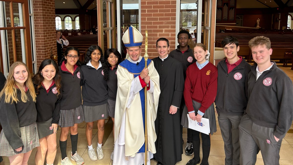 Bishop Ireton students and Father Noah with Bishop Burbidge after today's Chrism Mass! #AdvanceAlways #LiveJesus