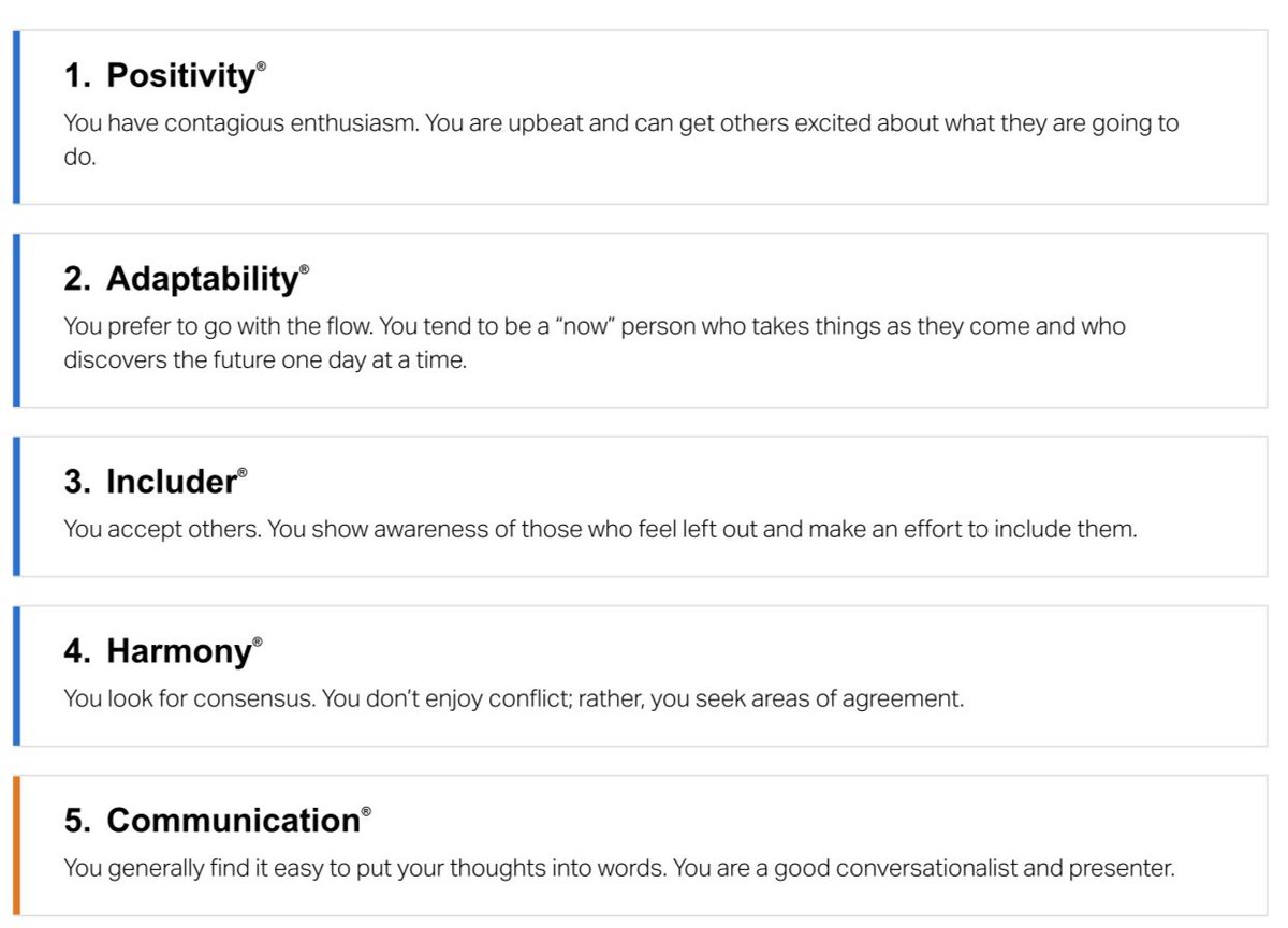My company paid for us to do StrengthsFinder as a team building exercise- my top two categories are relationship building and influencing. And these are my strengths, coming as a shock to no one lol.