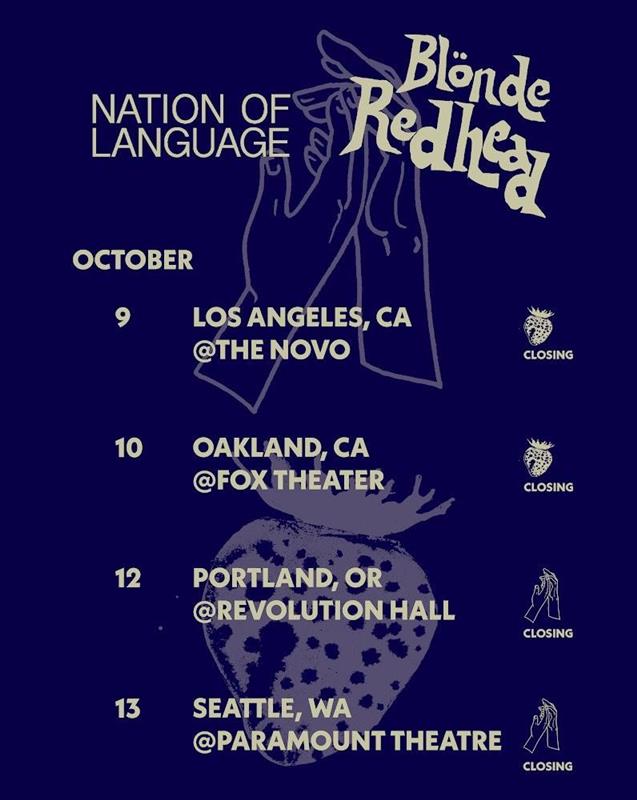 Just announced: Nation of Language will be embarking on a co-headline run with Blonde Redhead throughout the West Coast this October!! 🙌Artist presale begins tomorrow March 27 at 10 AM PT 🍓General sale Friday March 29 at 10 AM PT See you there ⭐️