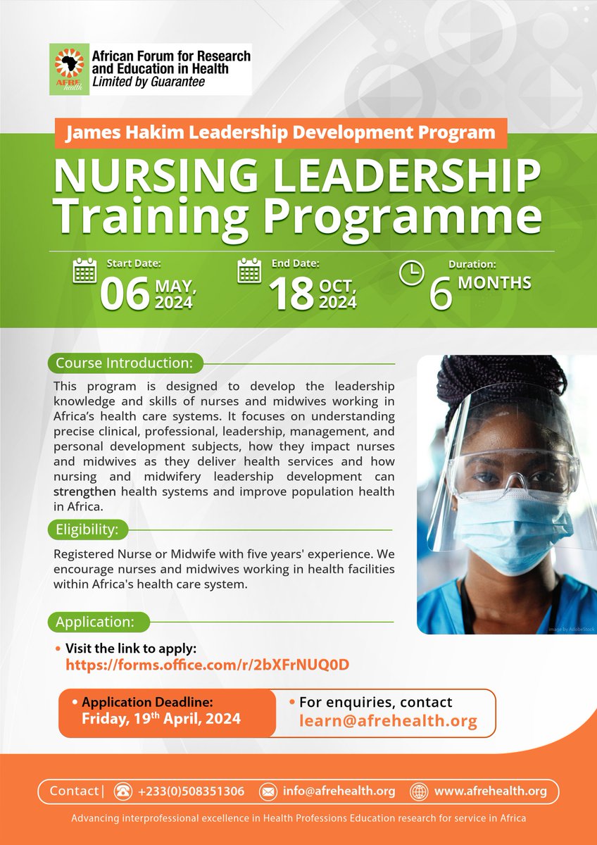 This program is designed to develop the leadership knowledge and skills of nurses and midwives working in Africa’s health care systems. It focuses on understanding precise clinical, professional , leadership, management, and personal development subjects, how they impact nurses