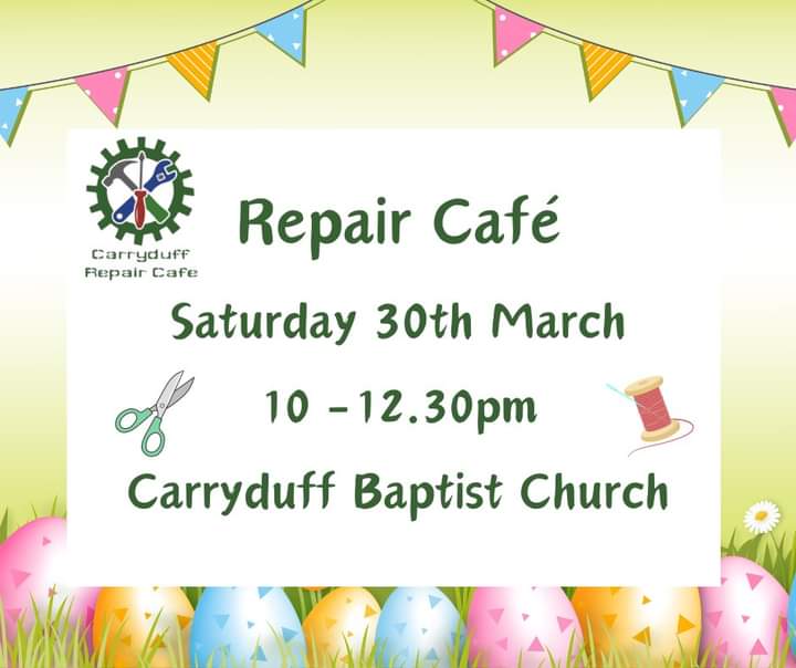 Our next event is this Saturday! Call in with your clothing & textiles including soft toys (no alterations or zip replacements), clocks, small household electrical appliances, broken ornaments and other bits and bobs. We can also sharpen garden hand tools. One item per person.