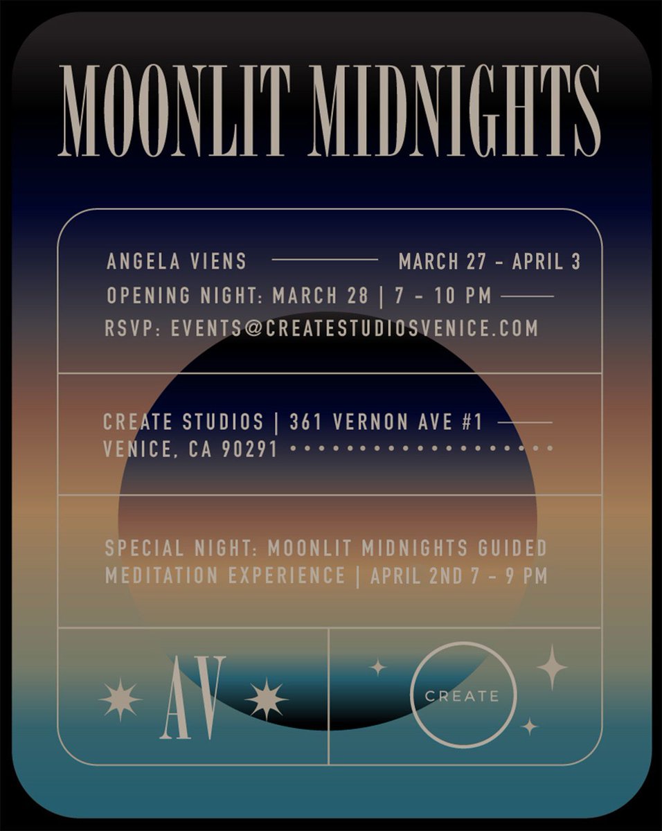 Embrace the mystery and allure of the night sky with us! Join Angela Viens at CREATE Studios for 'Moonlit Midnights,' an enchanting week-long event that fuses art and tranquility. RSVP now to claim your spot in the twilight: events@createstudiosvenice.com