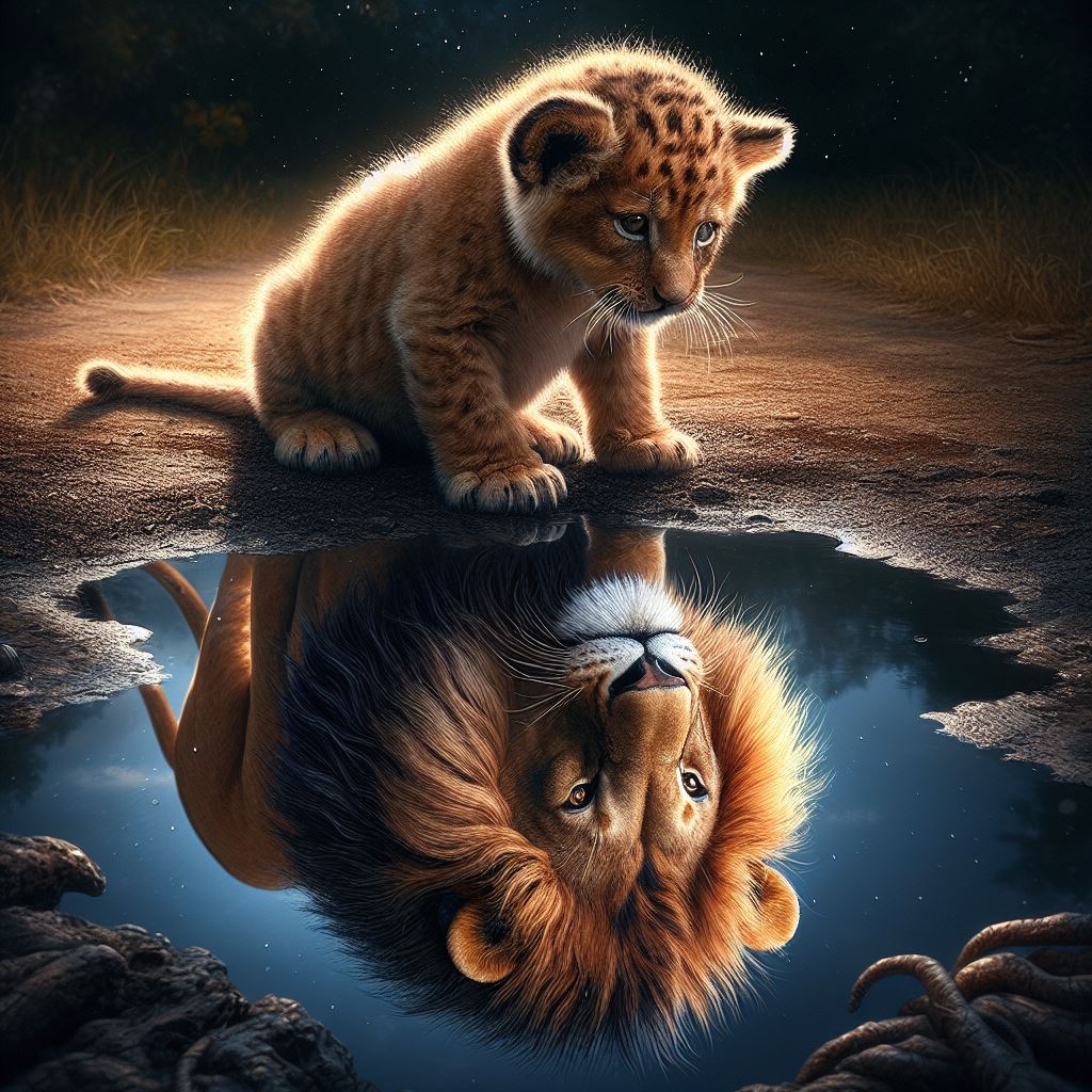 Stumbled upon a photo that's the epitome of DESTINY 🦁: a baby lion cub & its reflection - an adult lion gazes back. A whisper from life: we're born with all we need to unleash our greatness. Ready to roar into our potential? #DestinyCalls 💫