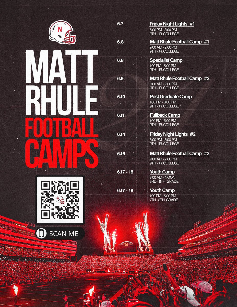 @CoachMattRhule & @HuskerFootball FNL CAMP (1st Session) - June 7 FNL CAMP (2nd Session) - June 14 MATT RHULE CAMP (1st Session) - June 8 MATT RHULE CAMP (2nd Session) - June 9 MATT RHULE CAMP (3rd Session) - June 16 Link: mattrhulefootballcamps.com #RecruitWestside