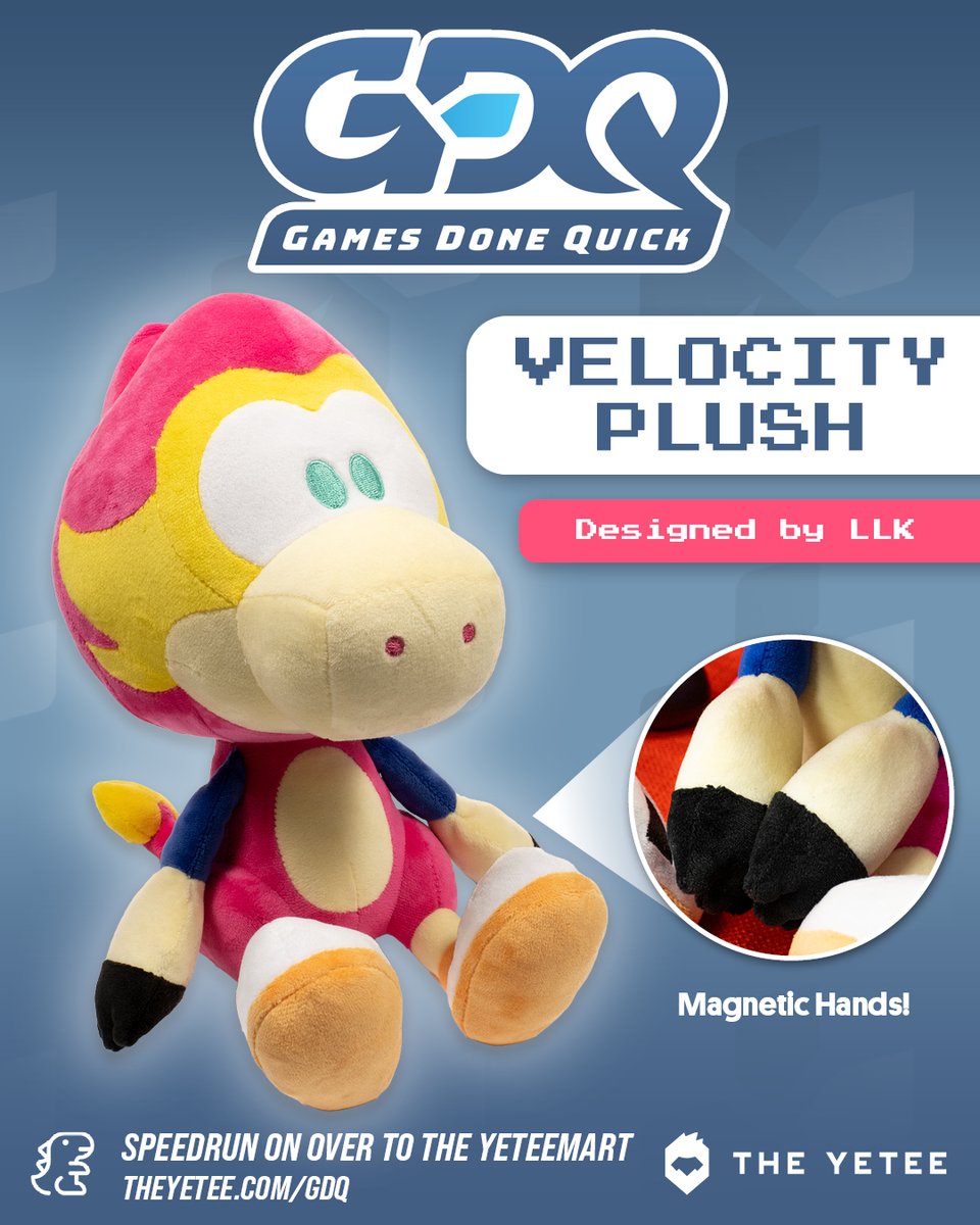 Pre-order the new Velocity plush created in collaboration with our pals from @GamesDoneQuick and artist LLK, available for a limited time only from the Yeteemart! 💨 theyetee.com/gdq