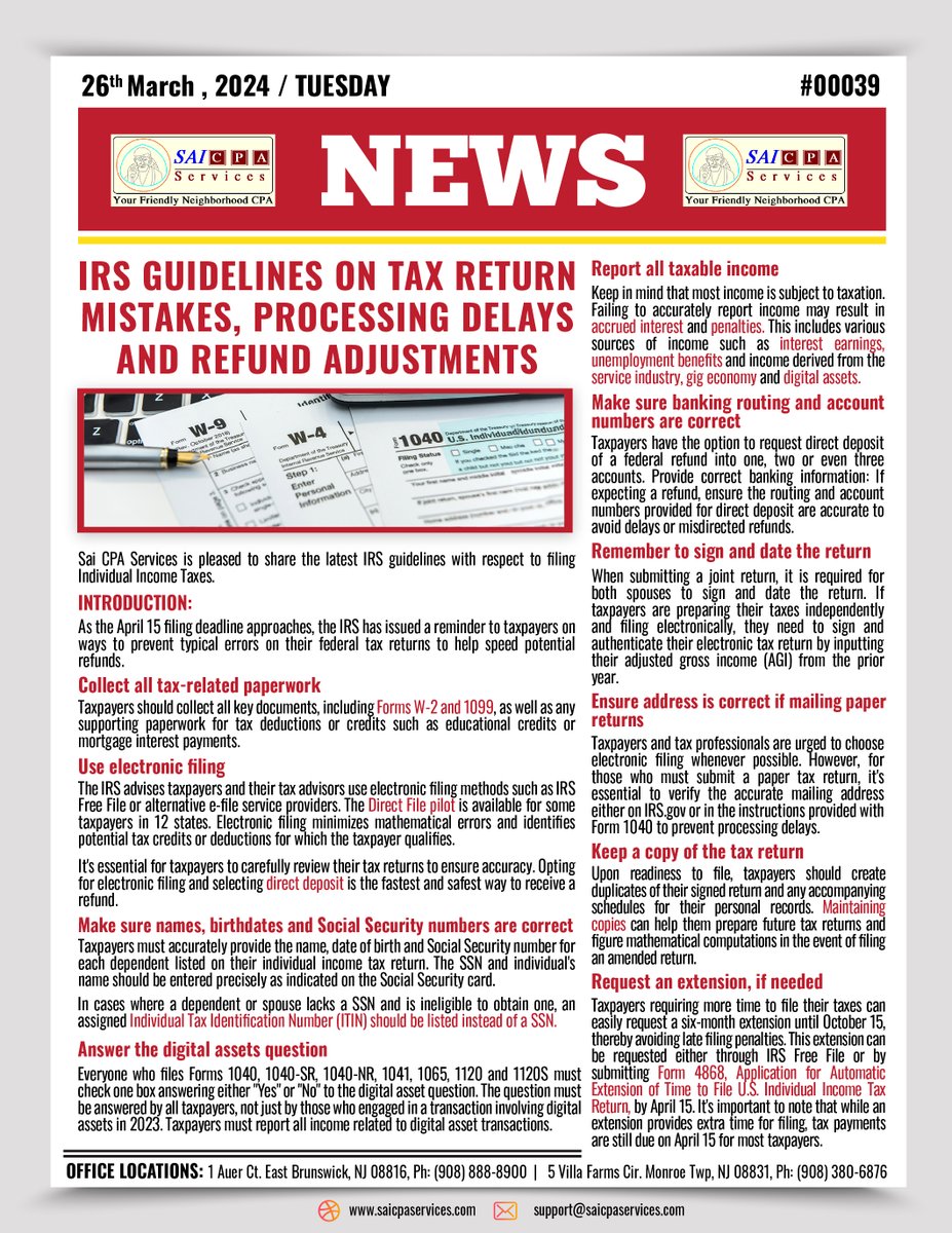 SaiCPA's tweet image. #saicpaservices_news

IRS GUIDELINES ON TAX RETURN MISTAKES, PROCESSING DELAYS AND REFUND ADJUSTMENTS

Contact Us: saicpaservices.com
(908) 380-6876

#IRSGuidelines #TaxReturnMistakes #ProcessingDelays #RefundAdjustments #TaxRefunds #TaxSeasonTips #SaiCPAServices