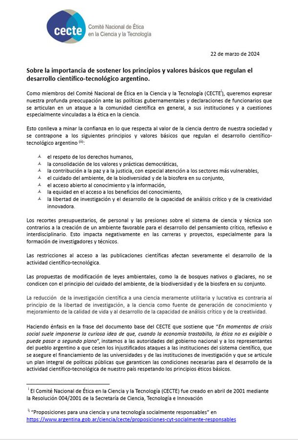 Desde el Comité Nacional de Ética en la Ciencia y la Tecnología (CECTE) emitimos el siguiente comunicado 'Sobre la importancia de sostener los principios y valores básicos que regulan el desarrollo científico-tecnológico argentino.'