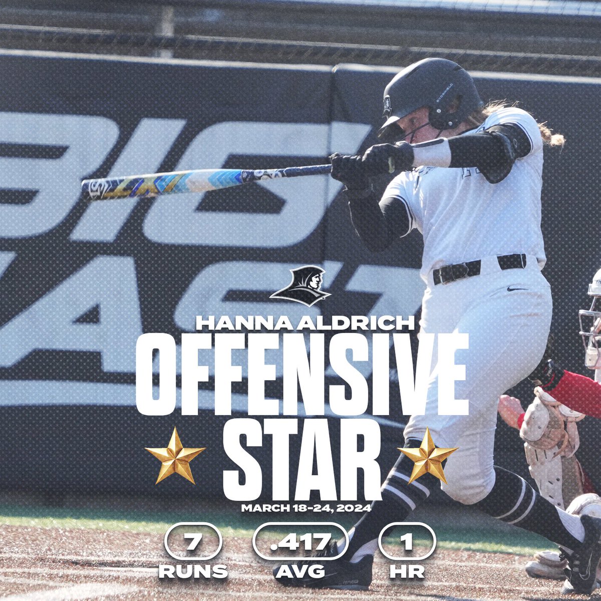 Providence Softball (@pcfriarsoftball) on Twitter photo Introducing our Offensive Star of the Week: Hanna Aldrich.
Hanna had a .417 avg, 1 HR, 4 RBI, 5 BBs, and 7 runs scored with a slugging % of .750 across 5 games.
We’re lucky to have you in Friartown, Han! Keep up the good work.
<a href="/PCAthletics/">Providence Friars</a> Introducing our Offensive Star of the Week: Hanna Aldrich.
Hanna had a .417 avg, 1 HR, 4 RBI, 5 BBs, and 7 runs scored with a slugging % of .750 across 5 games.
We’re lucky to have you in Friartown, Han! Keep up the good work.
<a href="/PCAthletics/">Providence Friars</a>