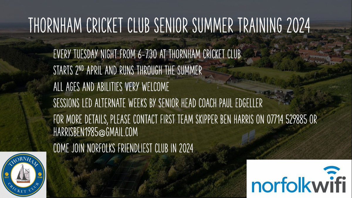 Thornham CC (@thornham_cc) on Twitter photo Summer cricket training starts in 7 days as long as we get some DRY weather ๐ can not wait all are welcome drop <a href="/harrisben10/">Ben Harris</a> a message on the details below
#summer
#cricket
#norfolk
#norfolkcoast Summer cricket training starts in 7 days as long as we get some DRY weather ๐ can not wait all are welcome drop <a href="/harrisben10/">Ben Harris</a> a message on the details below
#summer
#cricket
#norfolk
#norfolkcoast