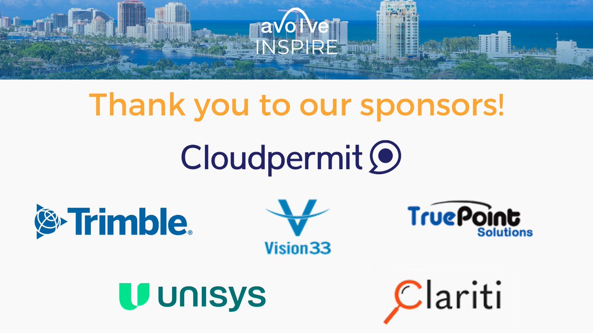 Just two weeks until #Inspire24! Huge thanks to our amazing sponsors for their support in making this event possible. Can't wait to see you soon in Fort Lauderdale! #GovTech #AvolveFamily @Cloudpermit, @cityworks, @Vision33, @truepointsolutions, @unisys, @clariti