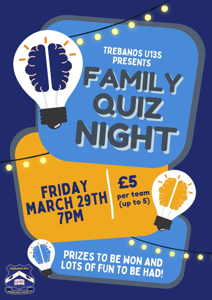 Just 3 days to go until our under 13s take over @TrebanosRugby Club for family quiz night...£5 per team, prizes to be won and lot's of fun to be have! No need to book, just turn up for 7pm, see you there!