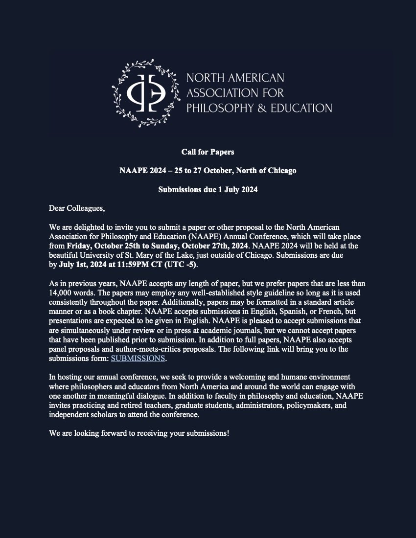 Ilya Zrudlo (@izrudlo) on Twitter photo NAAPE 2024 Call For Papers! Take a look, repost, consider submitting something! <a href="/PhilosL/">Philos-L</a> <a href="/Philosophyofed/">Philosophy of Education Society</a> <a href="/IntNet_PhilofEd/">International Network of Philosophers of Education</a> <a href="/PhilOfEdGB/">PESGB</a> <a href="/apaphilosophy/">American Philosophical Association</a> <a href="/AssocMoralEduc/">Association for Moral Education</a> <a href="/ECER_EERA/">EERA - European Educational Research Association</a> @EthicsEdjournal NAAPE 2024 Call For Papers! Take a look, repost, consider submitting something! <a href="/PhilosL/">Philos-L</a> <a href="/Philosophyofed/">Philosophy of Education Society</a> <a href="/IntNet_PhilofEd/">International Network of Philosophers of Education</a> <a href="/PhilOfEdGB/">PESGB</a> <a href="/apaphilosophy/">American Philosophical Association</a> <a href="/AssocMoralEduc/">Association for Moral Education</a> <a href="/ECER_EERA/">EERA - European Educational Research Association</a> @EthicsEdjournal