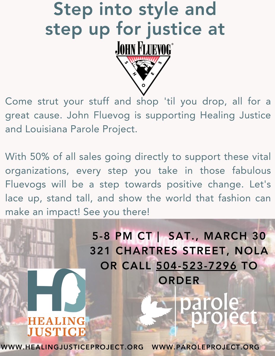 This Saturday, March 30, between 5-8 pm CT, 50% of all 👠 👞 purchases at the New Orleans @fluevog store will be donated to @paroleproject & @Healing_Justice. We can also help you make a remote order. See fluevog.com to see their inventory. Send us a DM if interested!