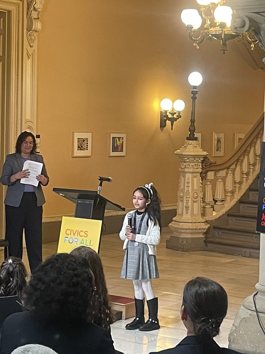 Areina Rose Patel, from Ms. Reilly’s class, was one of 16 students selected across all of New York City, to speak at the Citywide Soapbox MainStage event, held this afternoon at Tweed Courthouse. We’re so proud of you Areina! #civicsforall #soapboxnyc #mikvachallenge