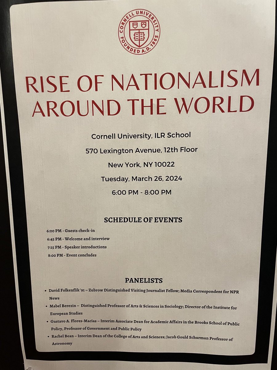 Excited to participate in this⁩ panel on #Nationalism with ⁦@CornellCAS⁩ Dean Rachel Bean, ⁦Prof. @mabelberezin⁩, and ⁦@NPR⁩’s ⁦@davidfolkenflik⁩