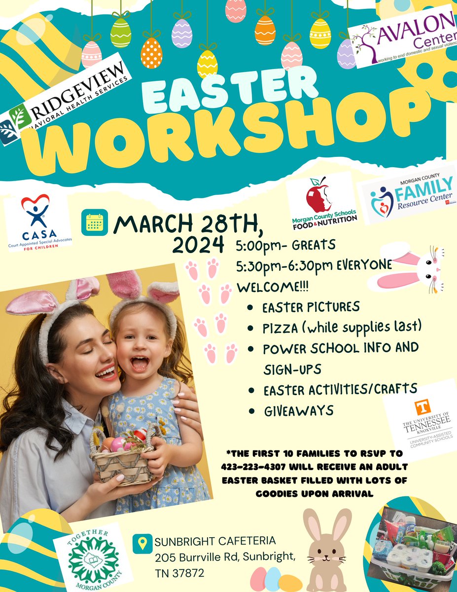 utk_uacs's tweet image. Sunbright School is hosting a Easter Workshop March 28th. GREATS starts at 5pm and the main event begins at 5:30pm. The First 10 Families to RSVP will receive an Easter Basket. 🐰🍭
Call (423) 223-4307 to RSVP.
#utkuacs #uacssunbright #uacspondgap #utknoxville #CommunitySchools