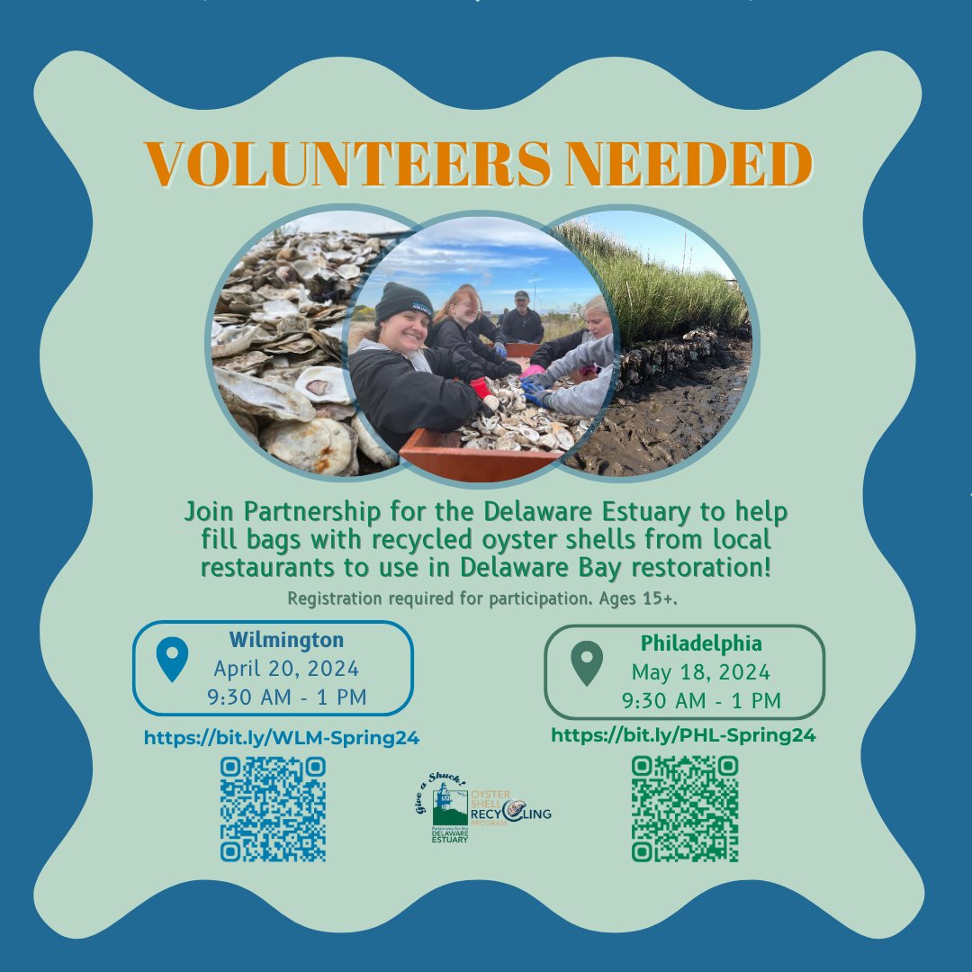 Calling all volunteers! Join us at our public shell bagging events. 
Sign up through bit.ly/WLM-Spring24 for the Wilmington event and bit.ly/PHL-Spring24 for the one in Philadelphia.

#cleanwaters #healthyhabitats #strongcommunities #CommunityImpact #oystershells