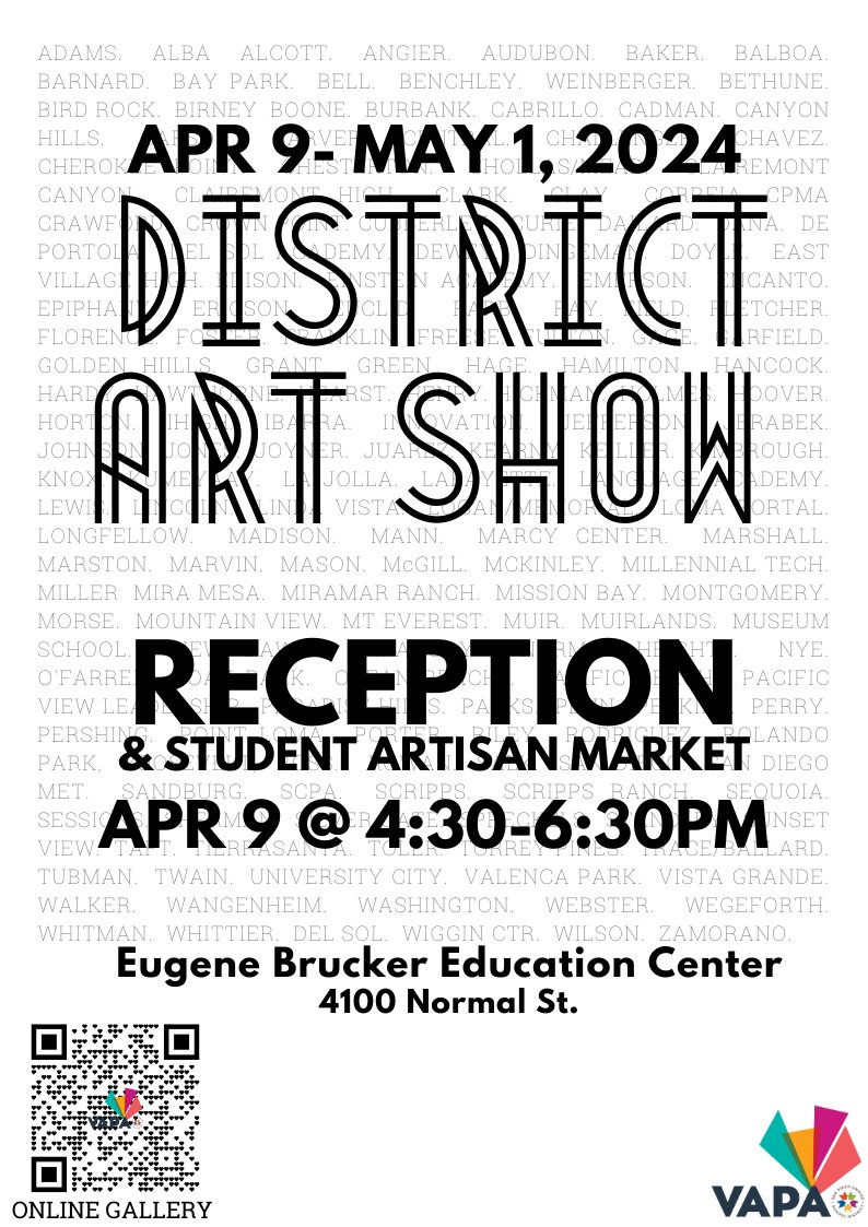 SDUSD VAPA (@sdusdvapa) on Twitter photo Show support for all our students and join our reception for the <a href="/SanDiegoUnified/">San Diego Unified School District</a> District Art Show on April 9 from 4:30-6:30 pm. Click on the Link for the Online Exhibit: ow.ly/otSO50R2LC7 Show support for all our students and join our reception for the <a href="/SanDiegoUnified/">San Diego Unified School District</a> District Art Show on April 9 from 4:30-6:30 pm. Click on the Link for the Online Exhibit: ow.ly/otSO50R2LC7