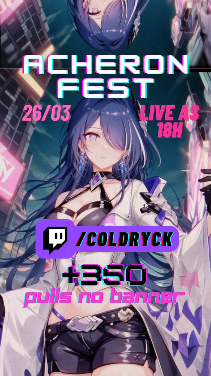 ACHERON FEST TÁ ONLINE, VEM DE LIVE 💜✨😎
Já AO VIVO na roxinha esperando a atualização do #HonkaiStarRail jogando outros games até liberarem a atualização baby's. Vão ser +350 saltos no banner tu não vai perder né? 🥰

RT's pra engajar o criador pls ✨😌
twitch.tv/coldryck