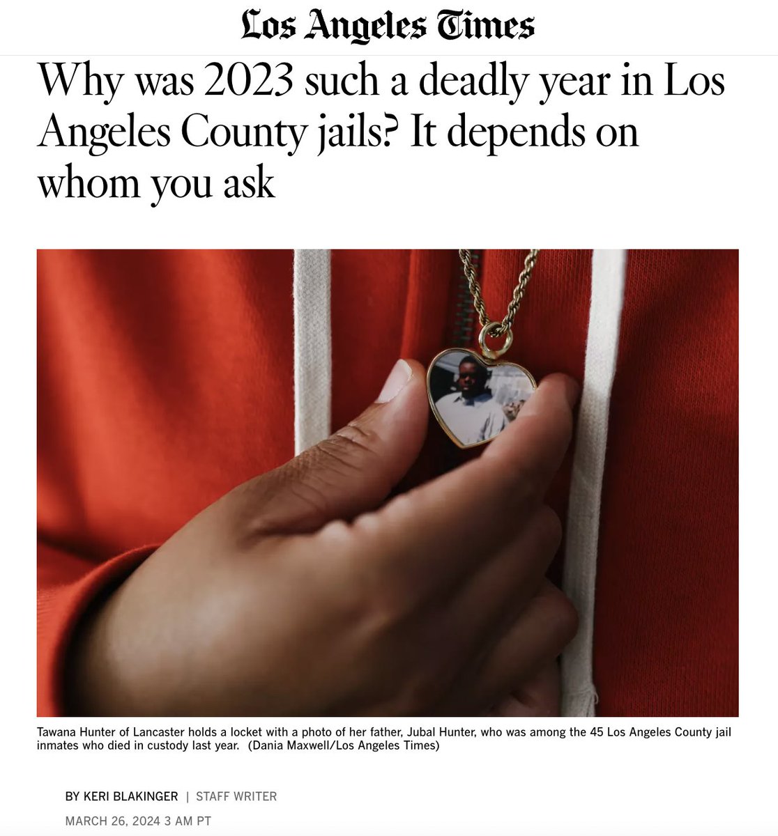 💥NEW from @keribla💥: The number of fatalities has risen so much that the annual death rate has more than doubled—in a decade where the incarcerated population has dropped by 1/3. Today, 3/26, yet another LASD in-custody death was posted. (thread) 👉🏾latimes.com/california/sto…