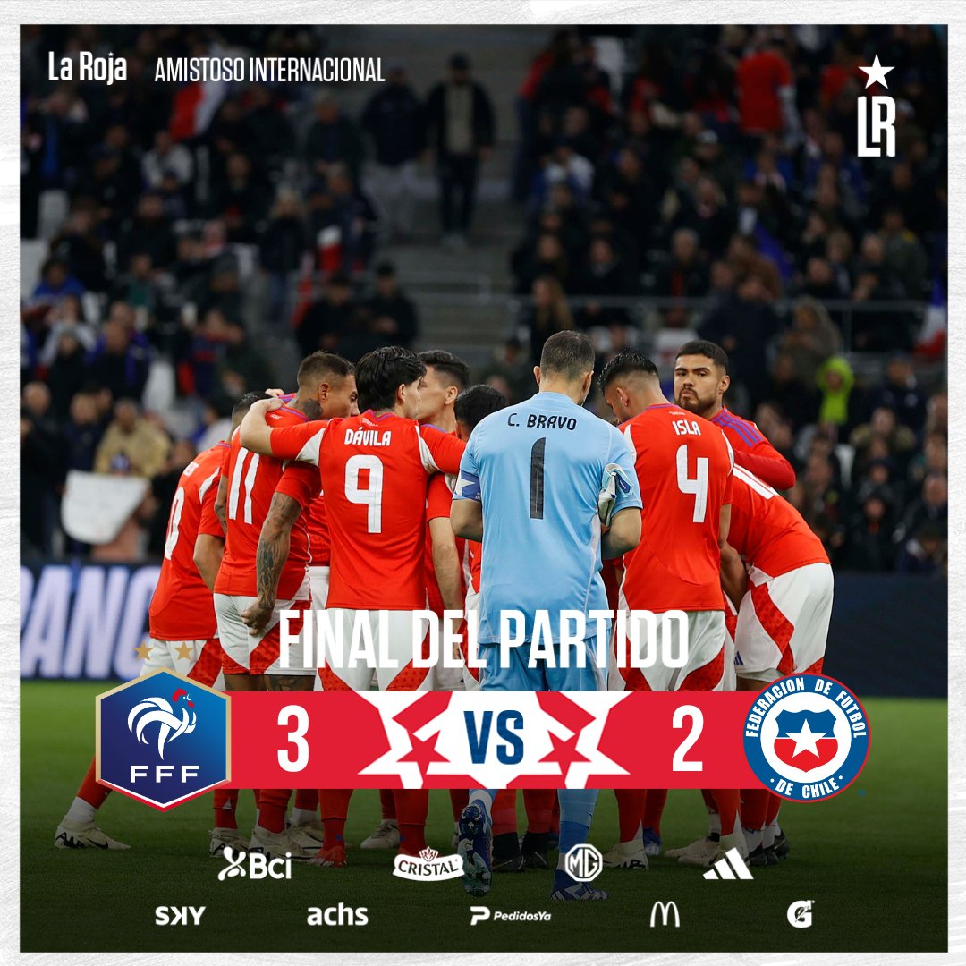 🚨 Terminó el partido y #LaRoja 🇨🇱 cayó por 3️⃣ a 2️⃣ ante Francia 🇨🇵 en Marsella.

⚽ Los goles nacionales fueron marcados por Marcelino Núñez y Darío Osorio.

👏🏻 ¡Muy buen partido, muchachos!

#SomosLaRoja