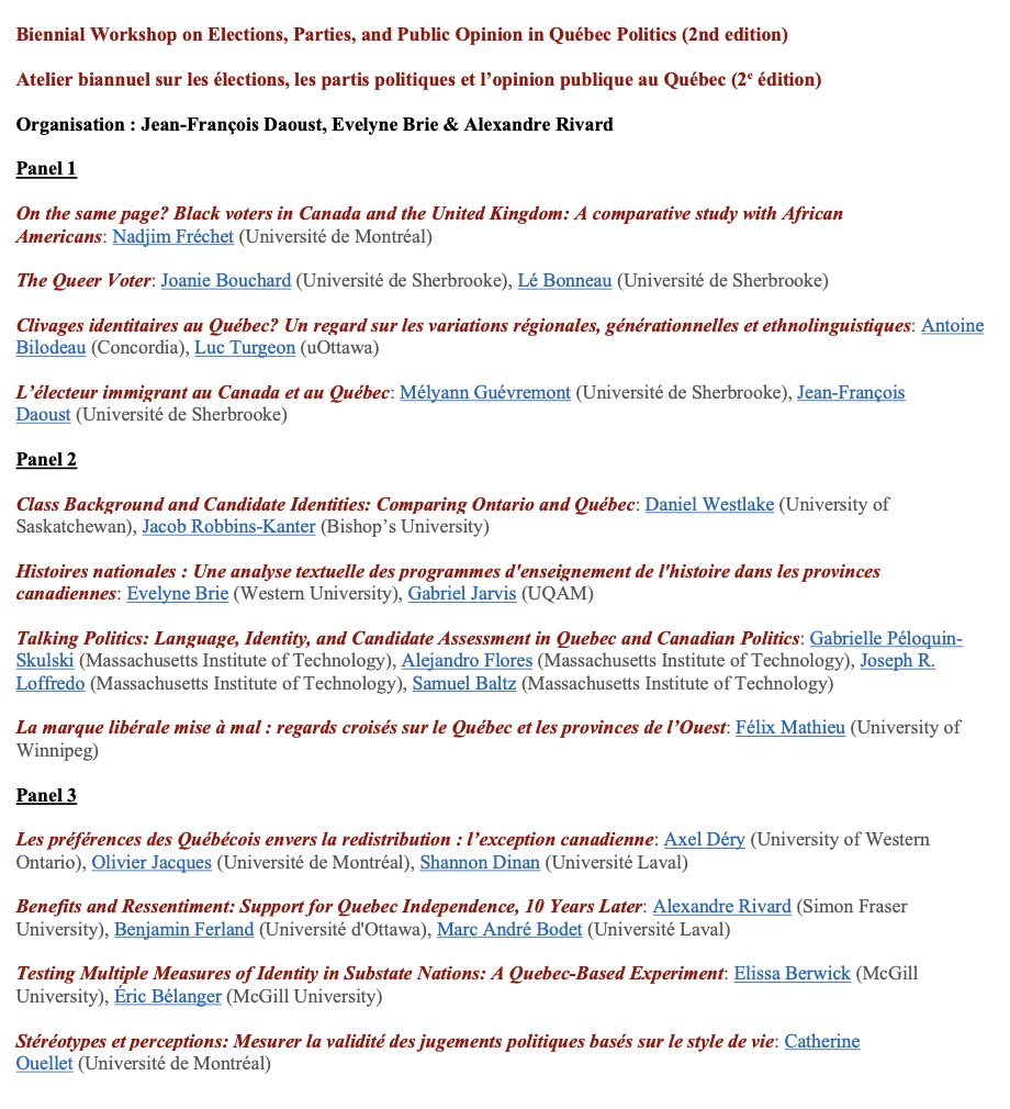 🚨The Biennial Workshop on Elections, Parties & Public Opinion in Quebec Politics is back! 3 panels, 26 authors from 12 universities, bilingual (50%-50%) Amazing line up! 🔥 June 13th at #CPSA2024 👇 cpsaconference.ca/sessions_detai… co-organized with @EvelyneBrie & @AlexBRivard