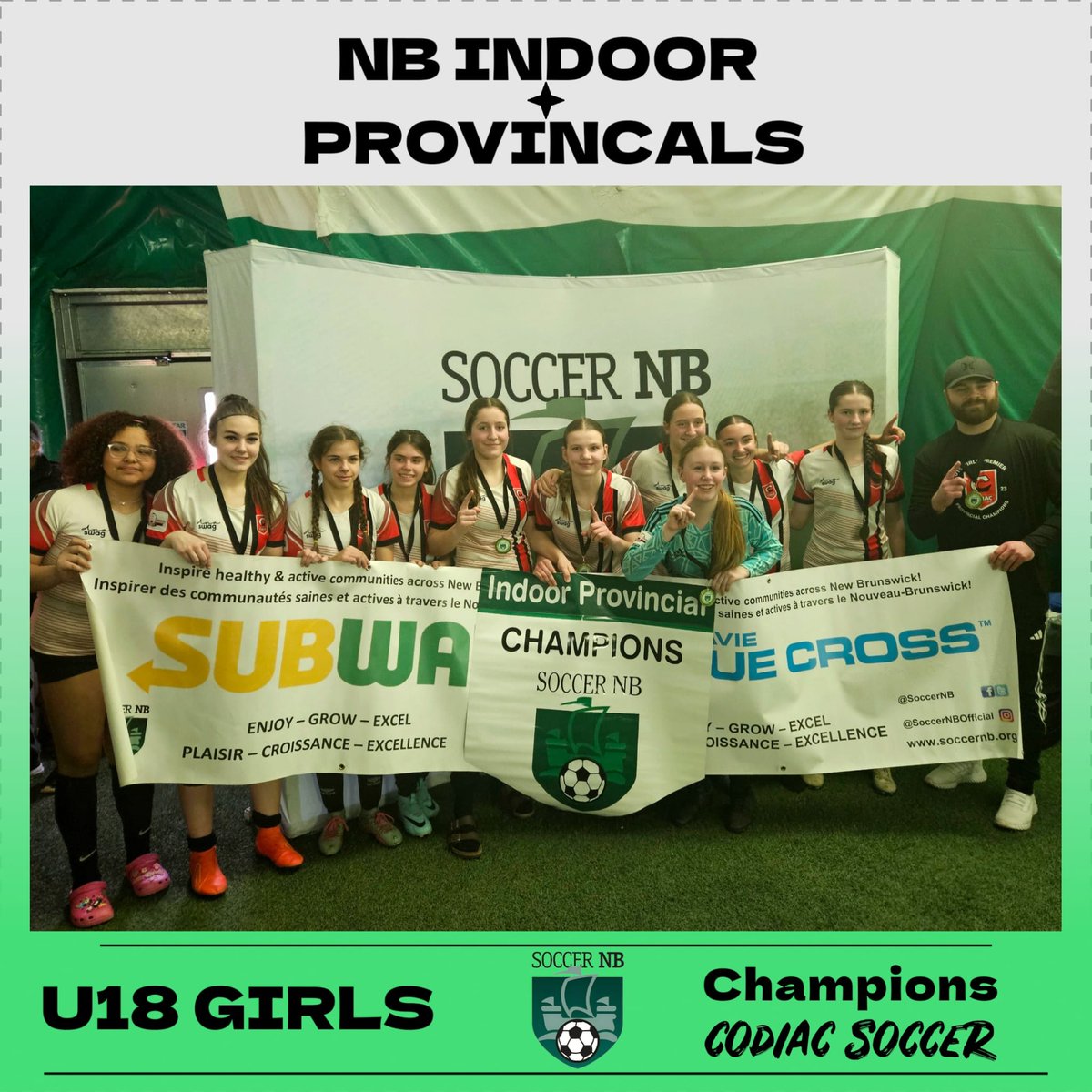 Congratulations to the finalists of last weekend's Indoor Provincial Championships and all the teams who participated, despite weather concerns to make this event a grand success! Special thanks to our sponsors Subway & Medavie Blue Cross. U13, U15, and U18 Girls ⚽️👇