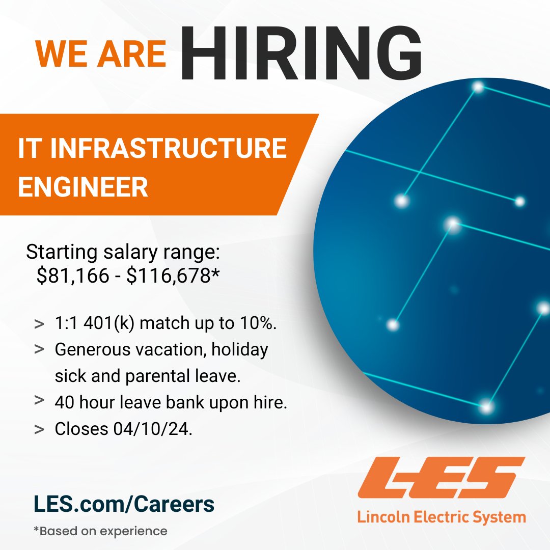 Do you like to lead and guide others? We are looking for an experienced IT Infrastructure Engineer to shape our strategies and investigate new technologies. For more information on responsibilities and requirements, visit LES.com/Careers. ⚡ 💡