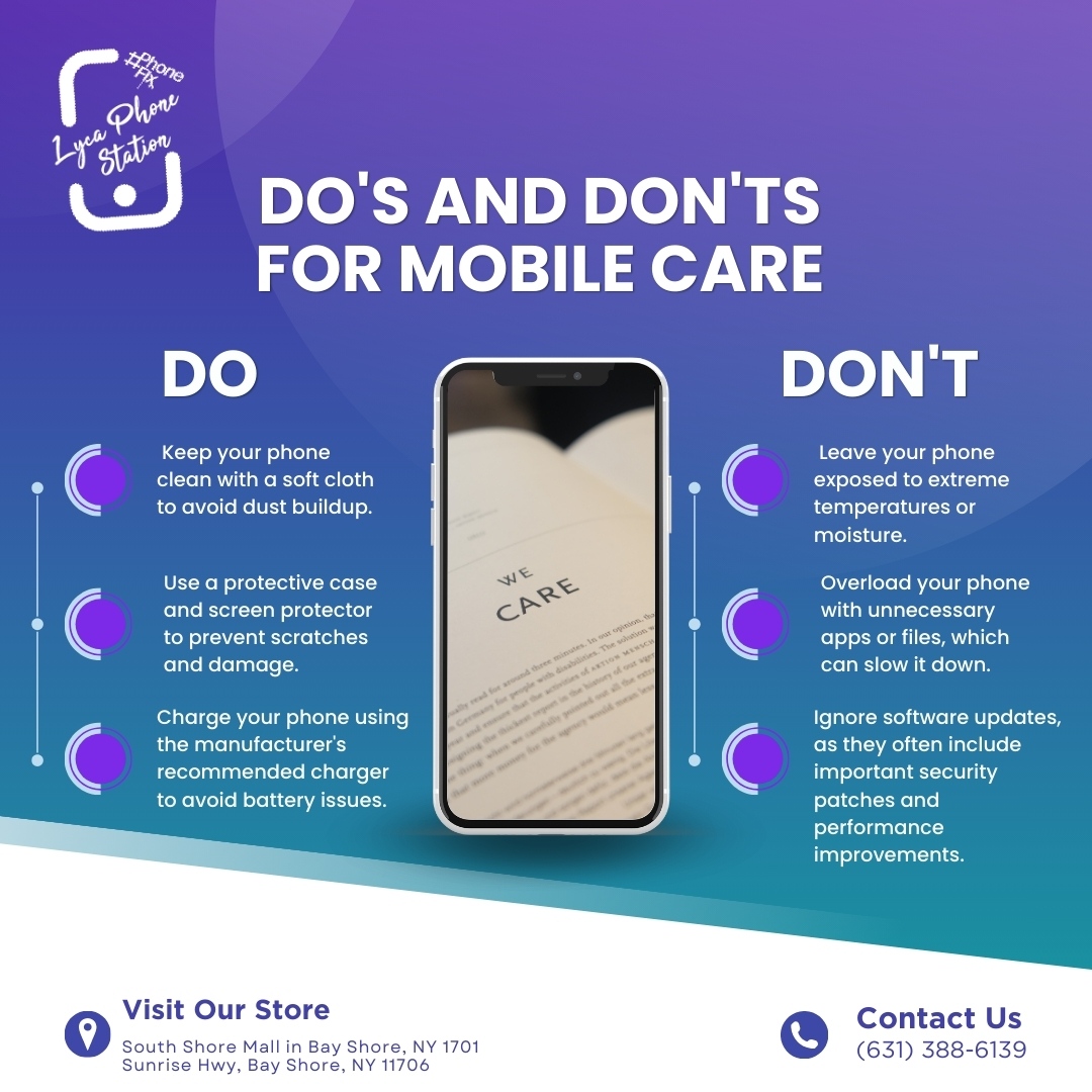 Keep your phone in tip-top shape with these do's and don'ts for mobile care! From cleaning to charging, follow these tips for a smoother smartphone experience📲

#Lycaphonestation #SouthShoreMall #mobilephonerepair #mobilephoneaccessories #PhoneCare #TechTips