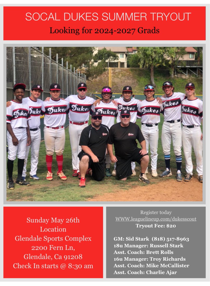 Summer TRYOUTS are on may 26th at the Glendale sports complex. Sign up at our website today. leaguelineup.com/dukesscout Come join the #dukesfamily for a fun competitive summer.