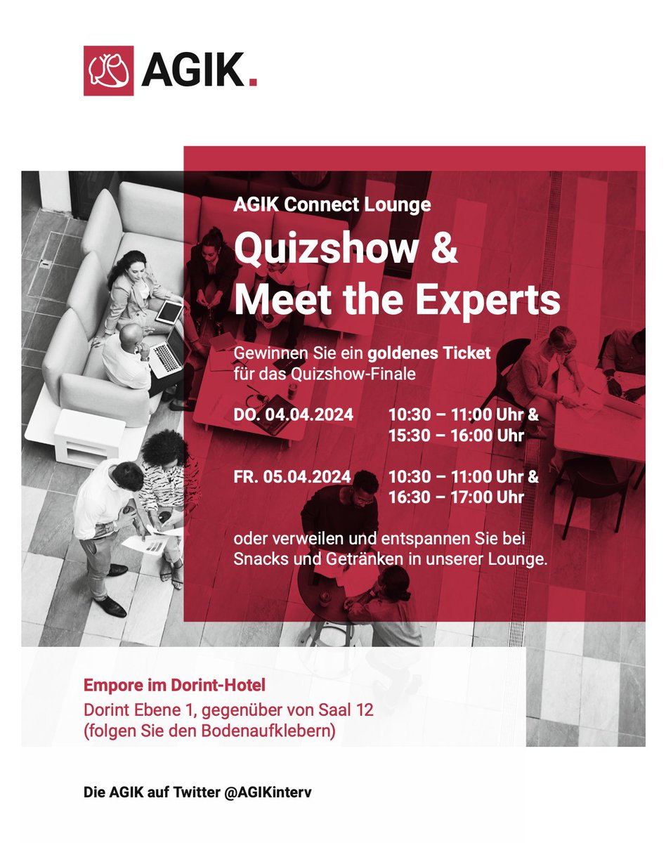 Are you ready for #AGIKLounge⁉️
Visit us at #DGKJahrestagung
#AGIKLounge Highlights: ⬇️

🎯#QuizShow (who will be the #AGIKChampion?)
🎯#MeetTheExperts (and me)
🎯Snacks+Drinks for free while #Networking
🎯Free 🌭+🍺 on Friday !!!!!

THE networking spot for #ICs at