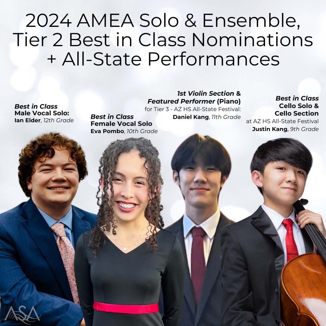 We're proud to share that ASA had three 2024 AMEA Solo & Ensemble Best in Class Nominations and for the third year in a row, 11th Grader, Daniel Kang will be a featured pianist performer on the AMEA Tier 3 Honors Recital at the Arizona HS All-State Festival! #ArtsandSmarts
