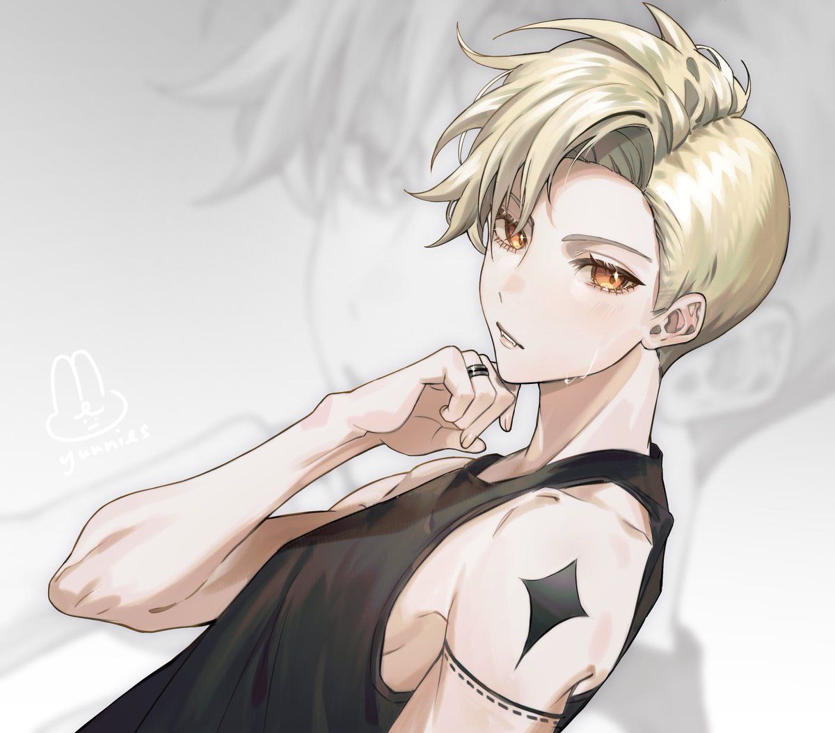 solo looking at viewer short hair shirt blonde hair 1boy jewelry  illustration images