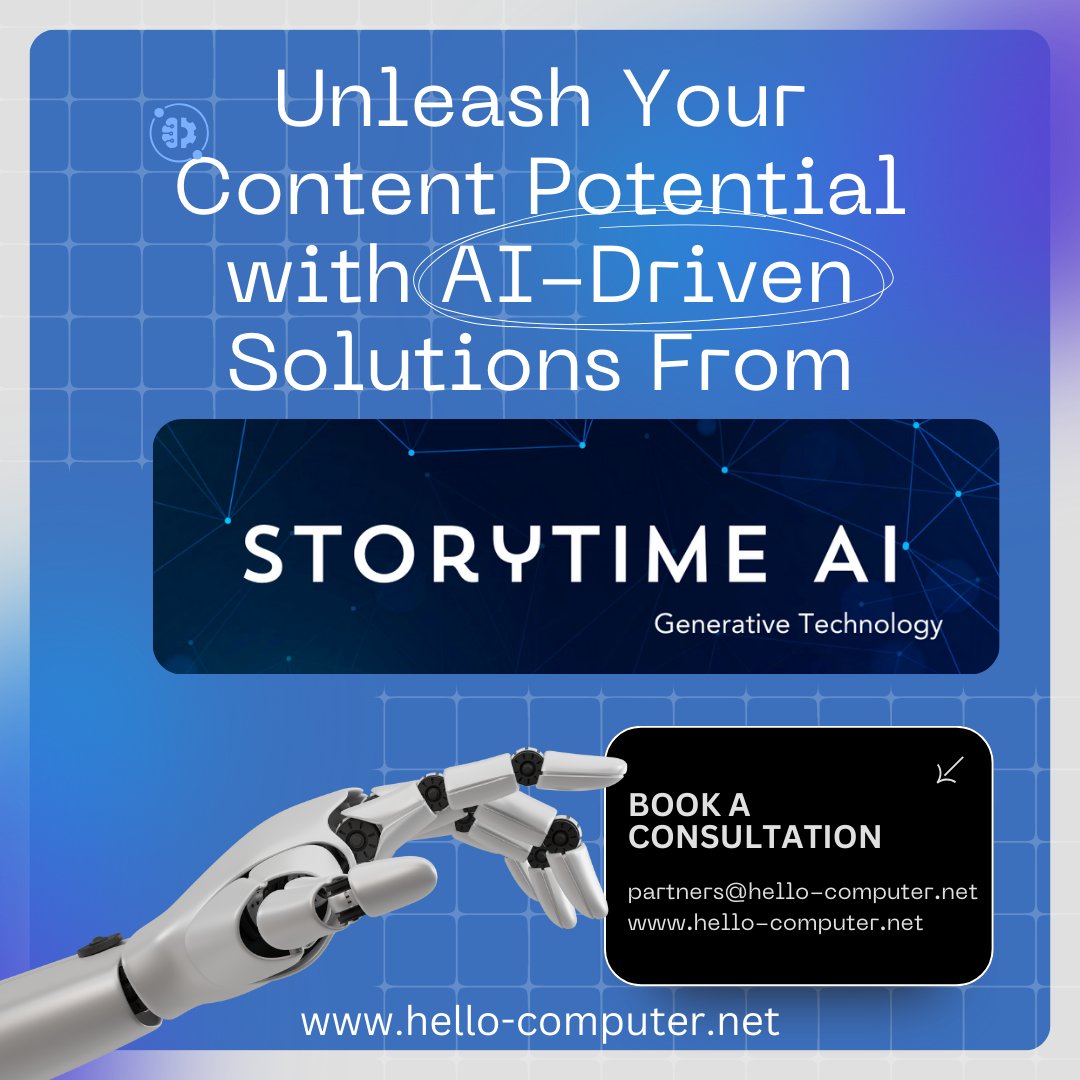 Hello Computer, inc. (@hellocomputeri1) on Twitter photo Ready to embark on an innovation journey? Let StoryTime Generative AI lead the way!
Book a consultation: Mail to partners@hello-computer.net or visit hello-computer.net.
#storytimegenerativeai #storytimeai #generativeai #hellocomputer Ready to embark on an innovation journey? Let StoryTime Generative AI lead the way!
Book a consultation: Mail to partners@hello-computer.net or visit hello-computer.net.
#storytimegenerativeai #storytimeai #generativeai #hellocomputer