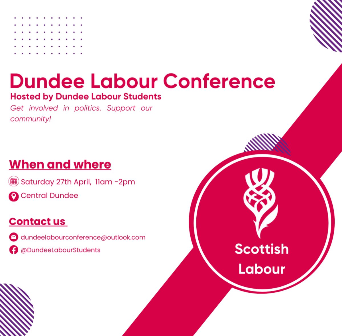 We are pleased to announce, alongside @DundeeLabour, that we are organising a Dundee Labour Conference. This isn’t a regular conference with motions and delegates but a more fun fast-paced event aimed at encouraging involvement in politics.