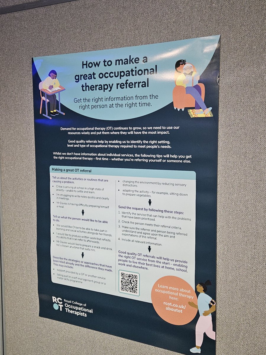 Brand new poster from @theRCOT used in conversations today @RCPCHtweets conference #RCPCH24 on 'How to make a great occupational therapy referral'. @RCOT_CYPF @RCOT_Sally @benharrisOT @BCHC_Childot