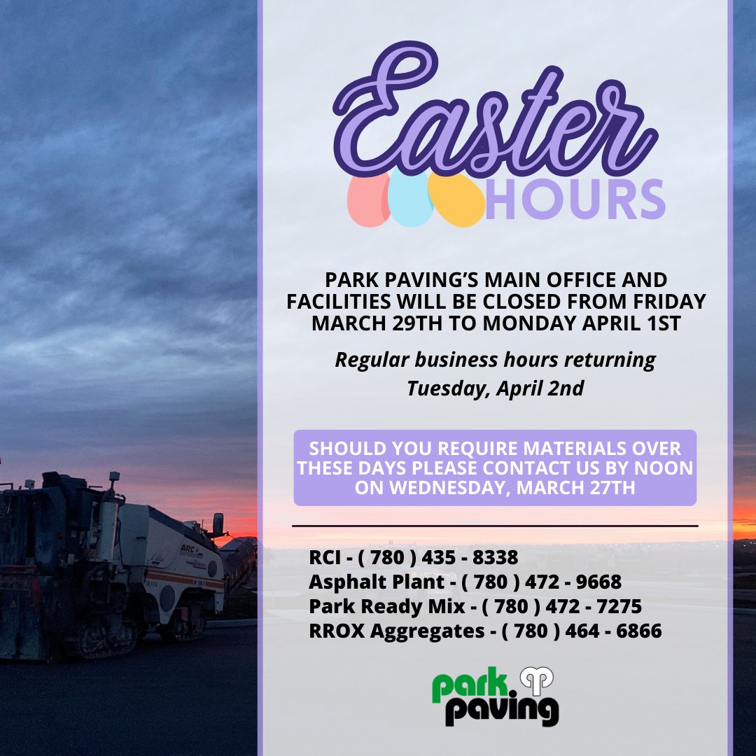 Our main office and facilities will be closed from Friday March 29th to Monday April 1st. If you require materials over this time, please contact us by noon on Wednesday March 27th. 🐣🌷 #yeg #yegbusiness #yegconstruction #yeglocal #yegcommunity #easter